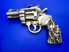 Hand Gun Revolver Pistol Figural Cutout Flaming Skull HUGE LARGE Belt Buckle