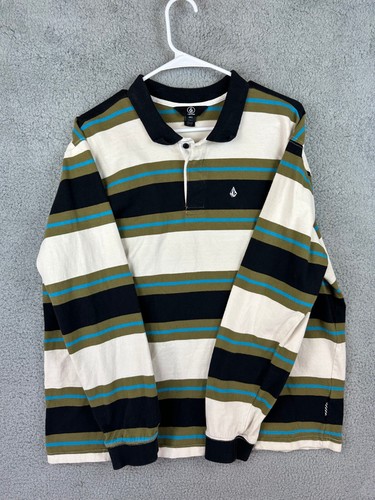 Volcom Polo Shirt Mens Size L Black Off white Striped Long Sleeve Skater Surfer - Picture 2 of 11