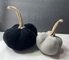 Velvet Pumpkins Fall Halloween Decor Black Grey Plush Set Of 2