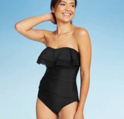Kona Sol Women's Bandeau One Piece Swimsuit XS Crochet Flounce Black XSmall 0-2 