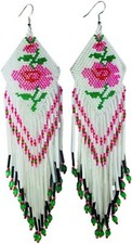 NEW WOMEN BEADED HANDMADE NATIVE INSPIRED WHITE EXTRA LONG ROSE FLOWER EARRINGS