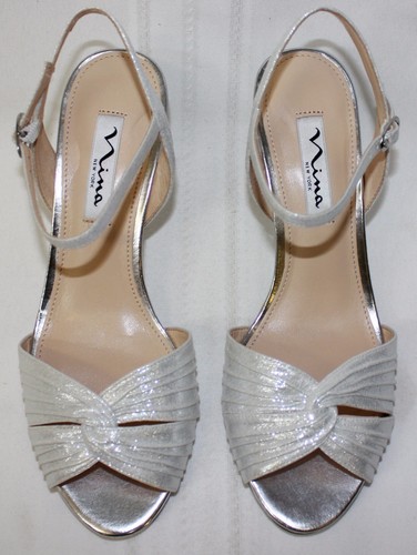 Nina Camille low heel dress sandals silver fabric New With Box! - Bild 5 von 5