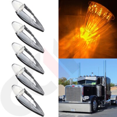 5X Chrome Torpedo Clear/Amber Cab Marker Top Light for Kenworth Peterbilt 17 LED