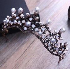 Antiqued Copper Crystal  Pearl Wedding Bridal Queen Princess Prom Crown Tiara