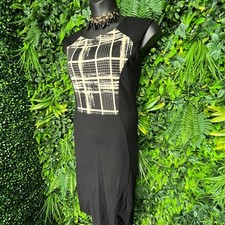 NINA PIU Dress Women Large Black Beige Fitted Sheath Round Neckline Stretch 1017