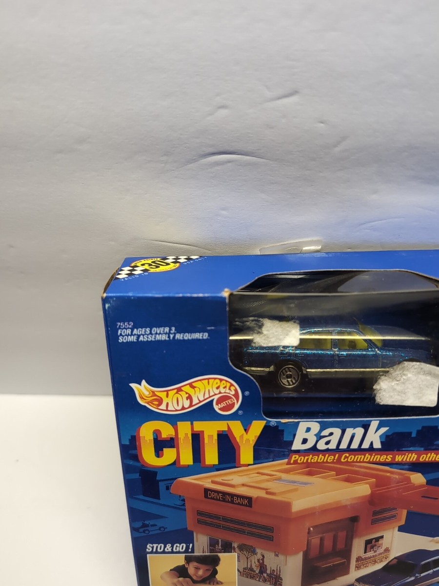 1990 Hot Wheels City BANK Portable Playset w/ Blue Mercedes Sto