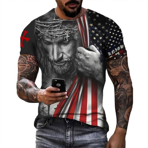 T Shirt Men's Short Sleeve Jesus Christian Cross USA American Flag T-Shirt Silky - Picture 4 of 13