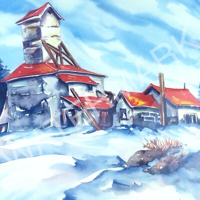 Laura Landers Mine Headframe Cobalt Silver Miller Watercolor Canada Print N448