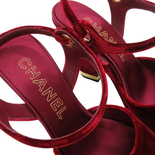 CHANEL Velvet Chunky Heel Sandals Strap Burgundy 1349 Used - Picture 7 of 10