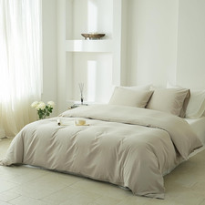 Washed Cotton Queen Duvet Cover Set - Soft  Breathable - Cream Grey 3PC