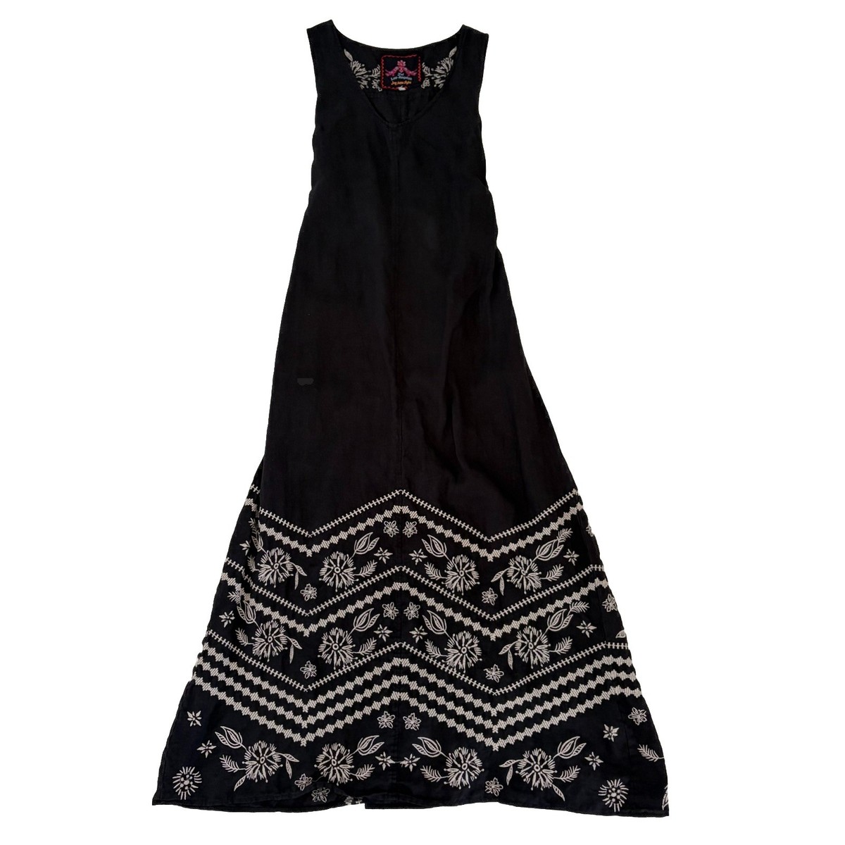 Johnny Was Petra Dress S Maxi Black Linen Floral Embroidered Boho Timeless  Beach | eBay