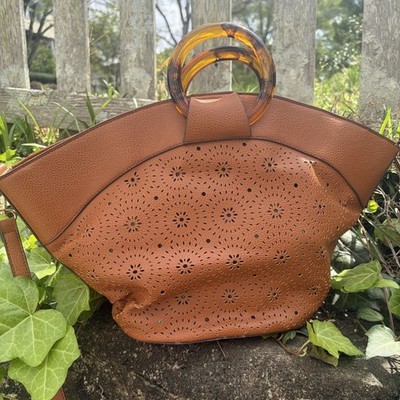 Carlos Santana Tan Faux Leather Top Carry Crossbody Bag Tortoise Ring Eyelet