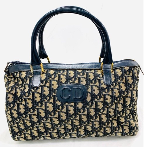 Christian Dior Trotter Pattern Handbag Tote Bag Beige Navy Women's Authentic