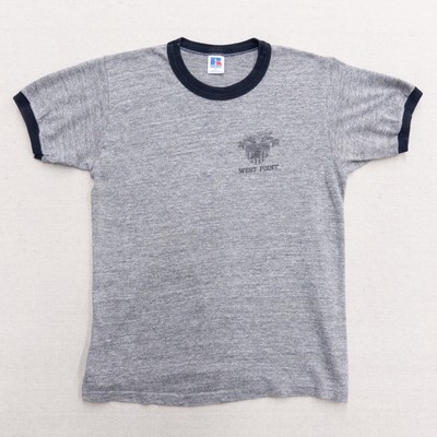 Vintage 80s Russell Athletic West Point Ringer T-Shirt Gray Navy 