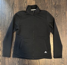  60 Adidas Golf Track Zip Jacket Womens L Black Ribbed Thumbholes Athleisure