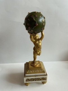 Antique French Empire Bronze Cherub Globe Clock White Marble Base Movement