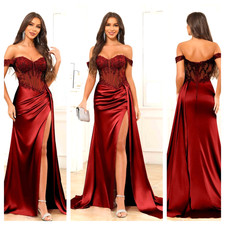 New Prom 18W Burgundy Lace/Satin Sequin Off Shoulder Rouched High Slit Dress