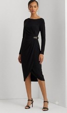 Lauren Ralph Lauren Salbie Long Sleeve Day Dress Black Size 4 NWT Belted Jersey