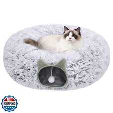 Cat Tunnel Bed for Indoor Cats, Soft Plush Donut Peekaboo Cat Cave, Multifunc