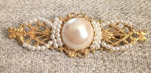 MIRIAM HASKELL VINTAGE 3" ORNATE BROOCH - Faux Pearls Gold Tone Brooch Original