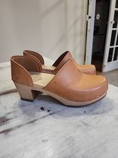 Zoccoli Haga Svezia vintage pelle marrone legno tacco mules boho minimalista taglia 6,5