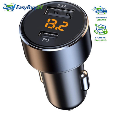 USB C Auto Ladegerät 30W PD 18W USB-A Schnellladung Zigarettenanzünder 12V/24V