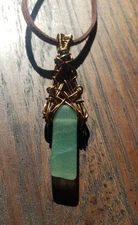Handcrafted Copper Wire Green Aventurine Pendant Necklace Faux Leather Cord 20" 