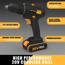 Cordless Drill/Driver with Bits Set & 2 Batteries 20Volt drill 2 Speed Electric