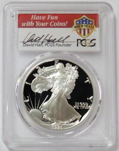 1991 S DAVID HALL SIGNED AMERICAN SILVER EAGLE $1 PROOF 1oz PCGS PR 69 DCAM