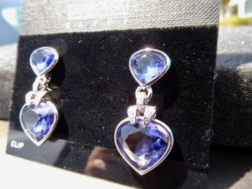 Swarovski Savvy Earrings Heart Oceanic Tanzanite Dangle Rhodium Plated Clip On - Picture 2 of 3