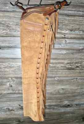 Handmade Native Western Cowboy Chap Fringes Suede Leather Pant  Riding Chaps