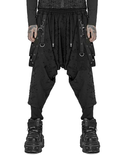 Punk Rave Mens Apocalyptic Punk Broken Knit Drop Crotch Harem Pants