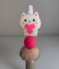 NEW Handmade Beaded Pen - WHITE KITTY CAT W/PINK HEART - Black Ink - Free Refill