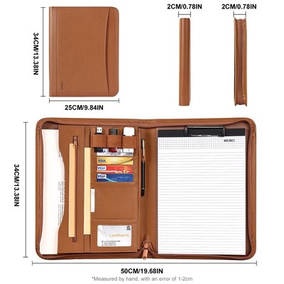 Leather Padfolio Zippered Portfolio Organizer Binder for Business School Office