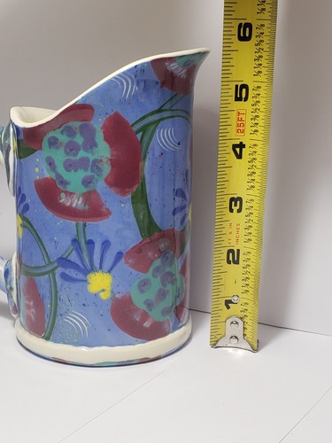 Brocca ceramica artistica Luanda cremosa floreale blu rosso fatta a mano 51/2" x 3" - Foto 11 di 12