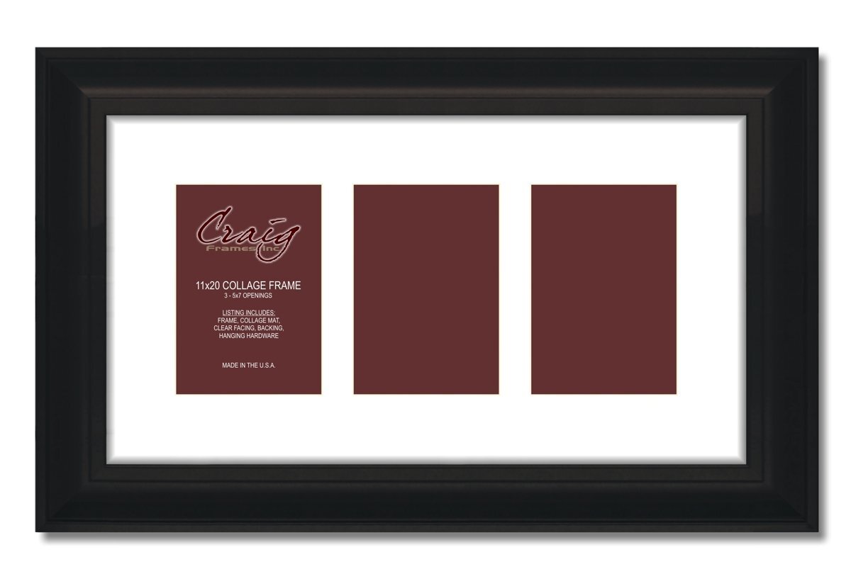21834700BK 11x20” Black Frame with Single White Collage Mat for 3 Photos