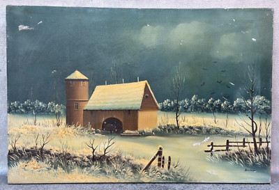 BODAN SIGNED OIL PAINTING  WINTER BARN SNOW LANDSCAPE 24'' X 36ART  RESTORATION