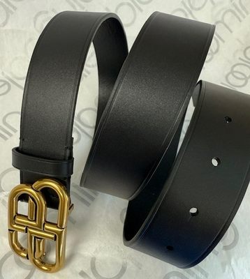 Balenciaga Gold BB Brass Buckle Men's Black Leather Belt 100cm