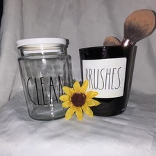 Rae Dunn Clear Glass Lidded Jar With Lid   CLEAN  Black Brushes Holder