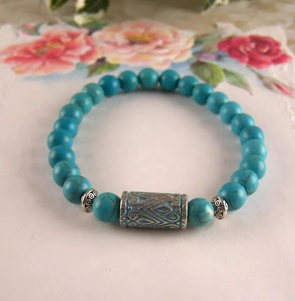蓝色绿松石银色 Patina 弹力手链手工工匠女式珠宝首饰 — 第 2/3 张图片