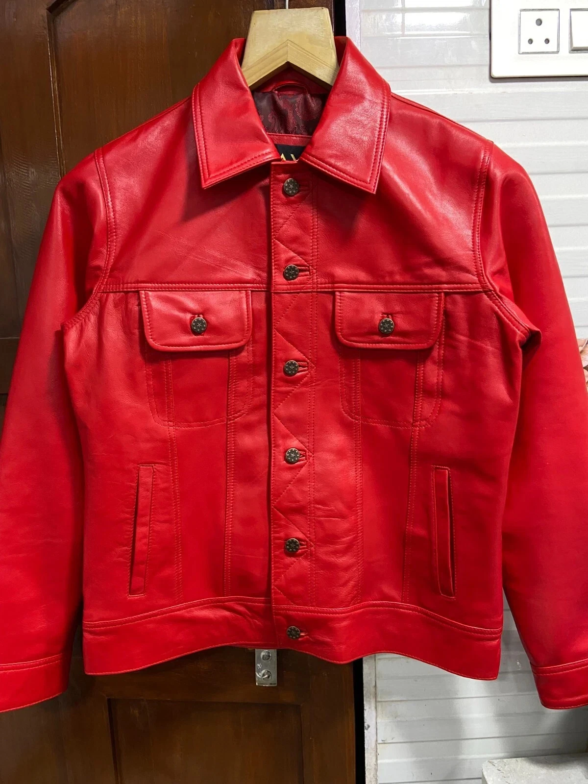 Men's Genuine Lambskin Leather Trucker Jacket Red Biker Denim Shirt Style Jacket