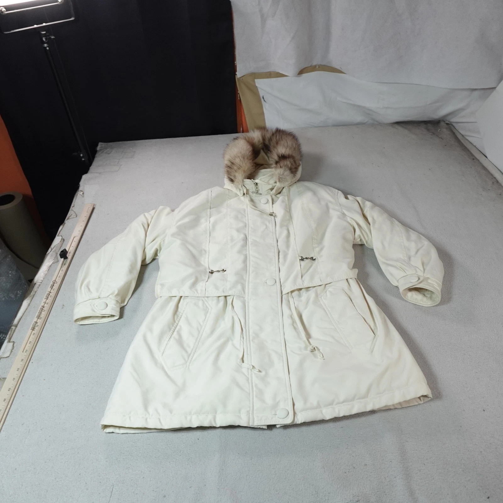 Fleet Street Jacket Womens Large White Fur Trim Hood Parka Mid Length Snow Coat