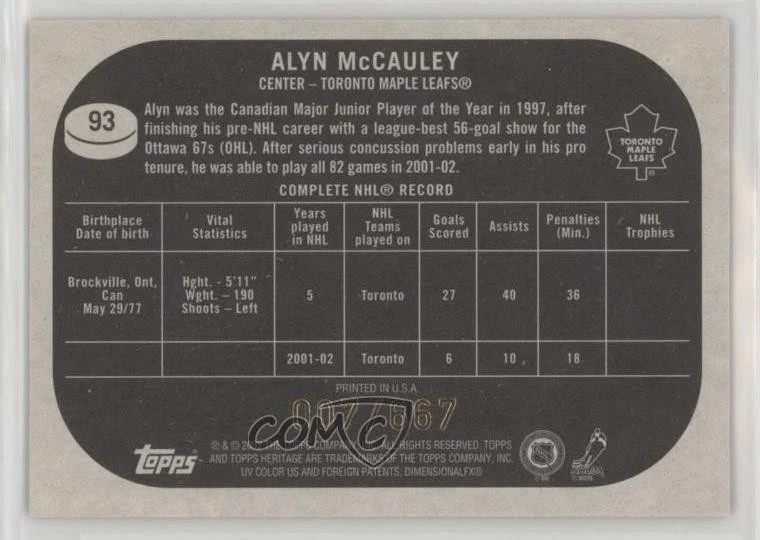 2002-03 Topps Heritage Chrome /667 Alyn McCauley #93 - Image 2 of 2