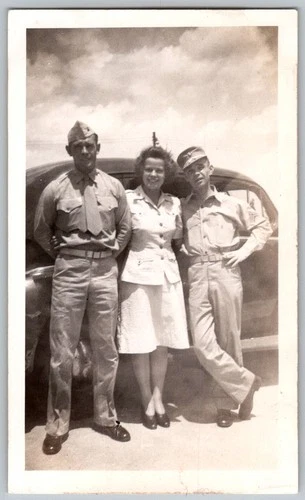 Vtg B&W Snapshot Group Two Men In WWII Military Uniforms Woman By Sedan 1940s