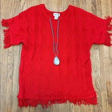 Vintage Boho Red Fringe Knit Top M/L EUC57 Cotton33 Poly