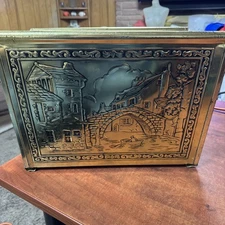 Vintage 1960’s Weibro Embossed Gold Metal Magazine Wood Rack Holder W/Handle