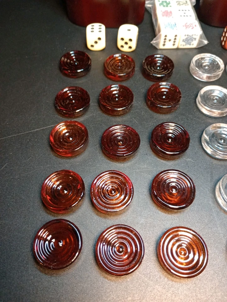 Vintage Amber & Clear Glass Checker Backgammon Set Complete Dice Cups Poker Dice - Image 3 of 4