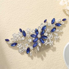 Blue Rhinestone Bridal Hair Comb Crystal Wedding Hair Pieces Flower Silver Ac...