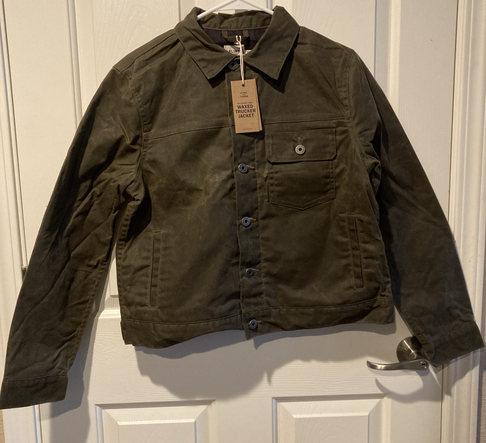 Flint and Tinder Waxed Trucker Jacket Mens Large Green Flannel Lined Huckberry