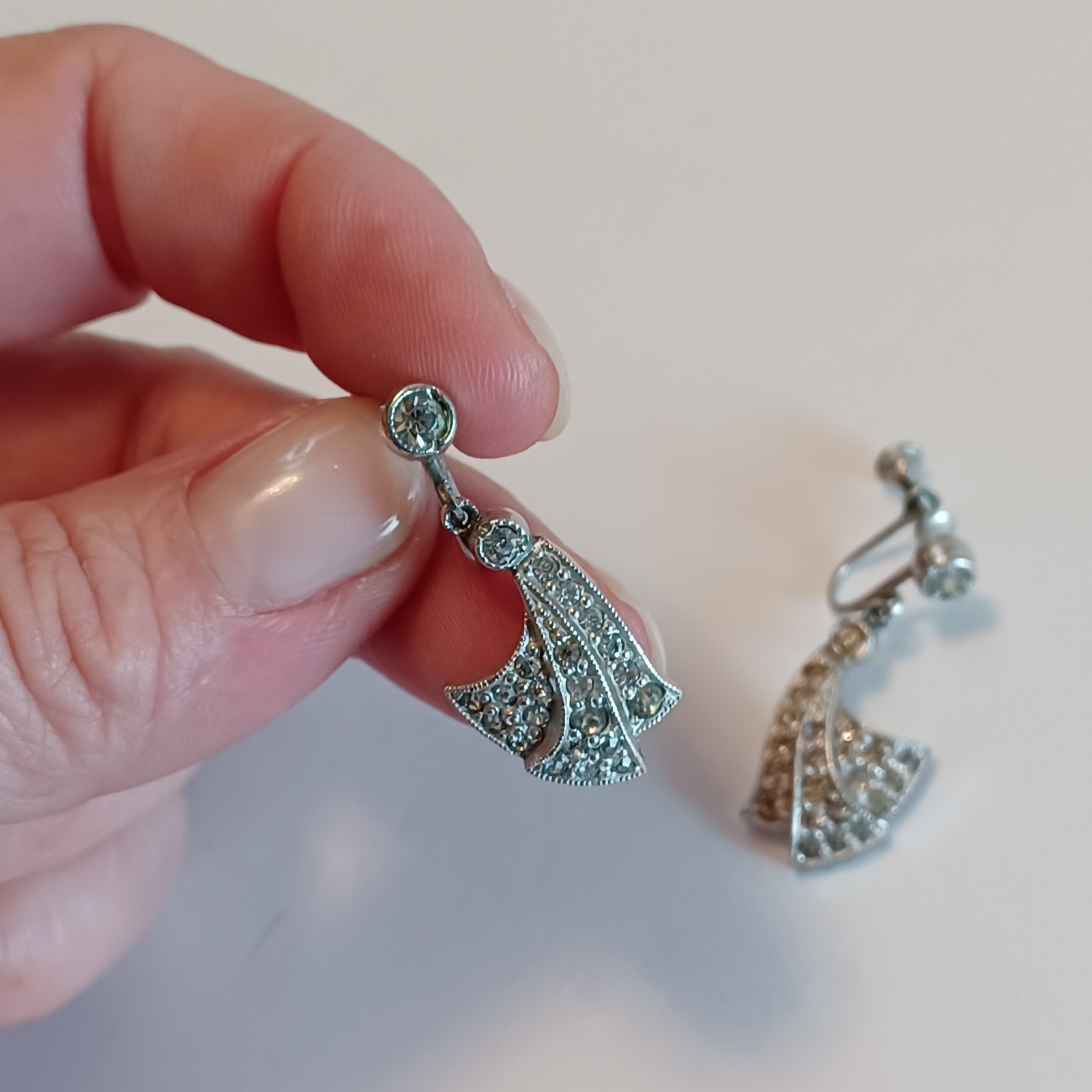 Art Deco Silver Paste Dangle Screwback Earrings - image 13